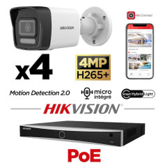 Kit vidéosurveillance Hikvision 4 caméras 4MP avec IA + micro + vision de nuit couleur 30 mètres Smart Hybrid Light