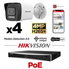 Kit vidéosurveillance Hikvision 4 caméras 4MP avec IA + micro + vision de nuit couleur 30 mètres Smart Hybrid Light