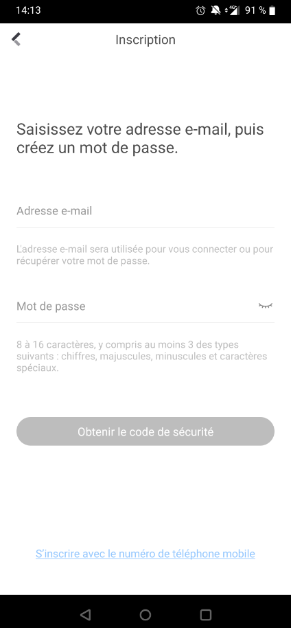 Enregistrement de compte Hik-Connect par numéro adresse email