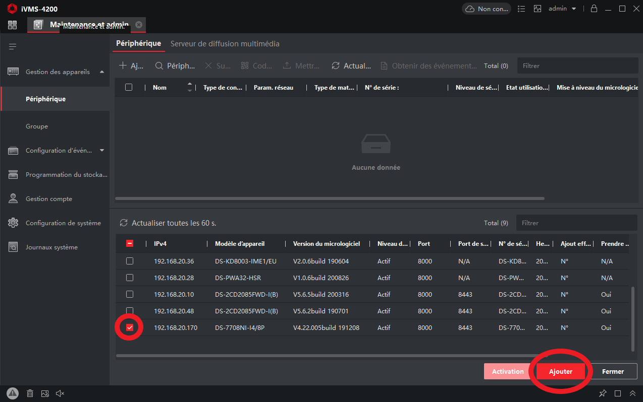 Bouton Ajouter l'appareil IVMS-4200