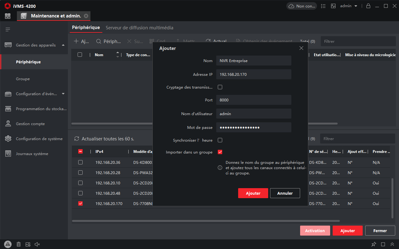 Configuration de l'appareil à ajouter IVMS-4200