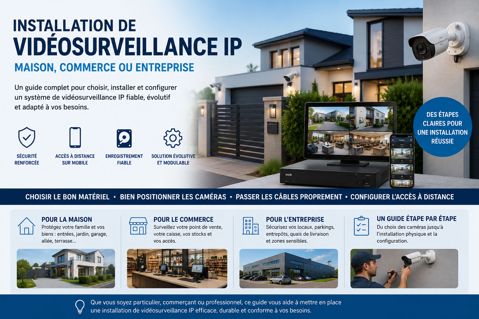 Visuel d’introduction présentant une installation de vidéosurveillance IP pour maison, commerce et entreprise avec caméras, NVR et configuration