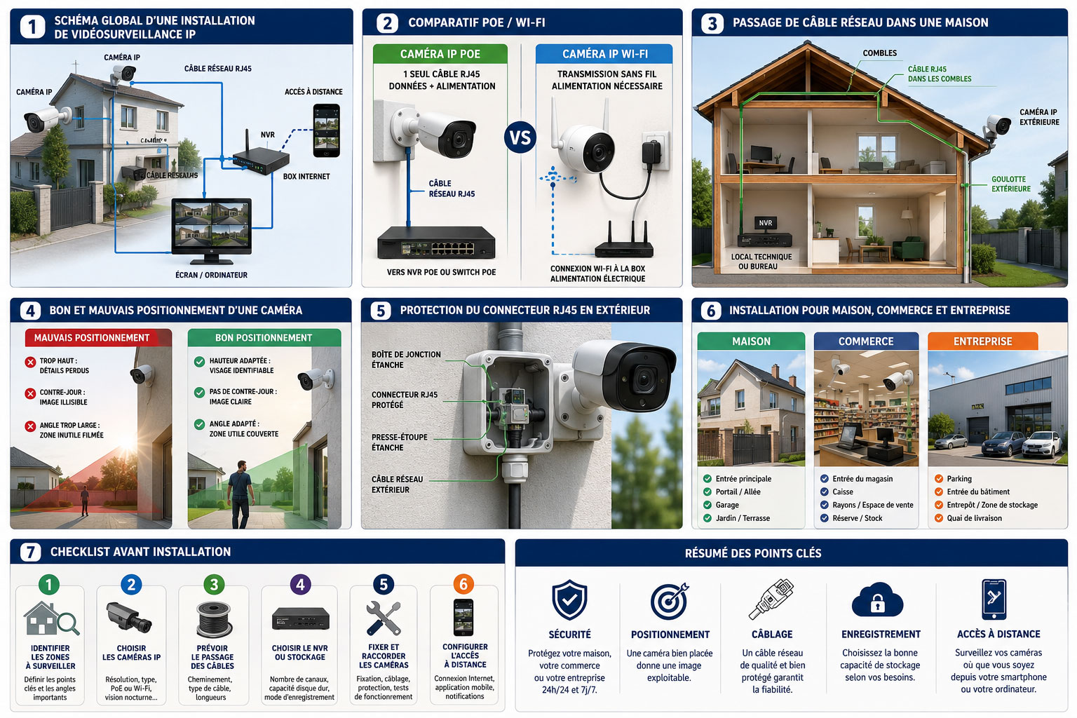 Infographie expliquant les étapes clés pour installer un système de vidéosurveillance IP avec caméras, câblage réseau, NVR, positionnement et accès à distance